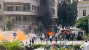 Damascus Explosion: Watch: Explosions near Macron’s Damascus hotel as French leader meets Syria’s president