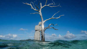 Kale Island disappeared beneath rising seas in 2016; a life-size sculpture now marks the site and will gradually become a habitat for seabirds, coral and marine life