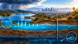 In 2023, record storms nearly refilled Los Angeles reservoirs and shallow aquifers; deeper groundwater recovered only about 25% of what it had lost since 2006