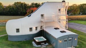 In 1949, Pennsylvania shoe salesman Mahlon Haines built a 25-foot-tall work-boot house for $26,000; after falling into ruin, his granddaughter restored it and guests can now sleep inside