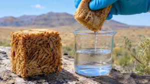 Scientists built a wood-based sponge that pulls water from air as dry as 15% humidity; it produced up to 1.72 litres per kg per day